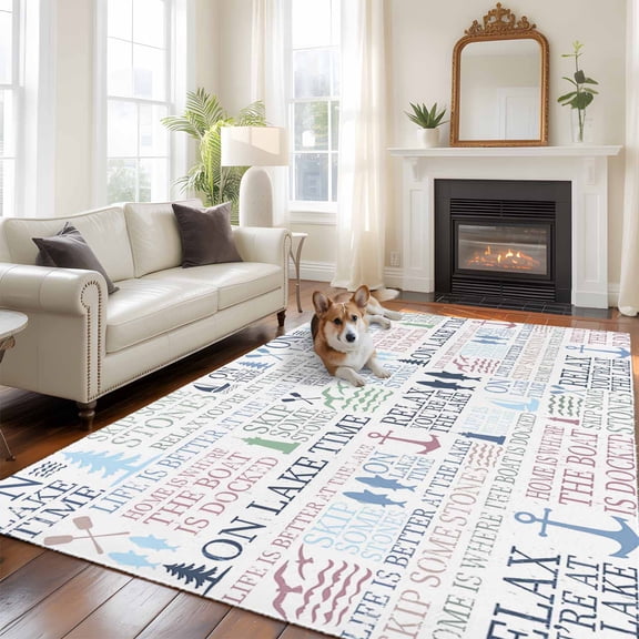 Lake Life Large Area Rugs 5x8 ft Colorful Word Pine Tree Boat Paddle Lighthouse Fish Washable Rug Non Slip Indoor Carpet Absorbent Floor Mat for Living Room Bedroom Dining Room