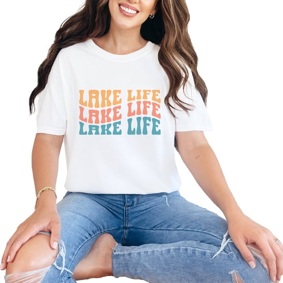 Lake Life, Living by Lakes Quote, Groovy Retro Wavy Text, White Comfort Colors T-Shirt, 3XL