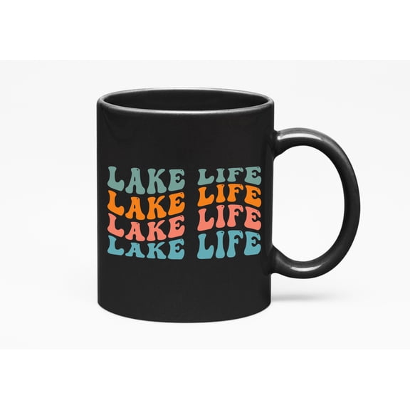 Lake Life, Living on the Lake Themed, Groovy Retro Wavy Text Merch Gift, Black 11oz Ceramic Mug