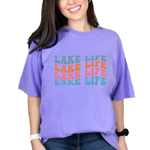 Lake Life, Living on the Lake Themed, Groovy Retro Wavy Text, Violet Comfort Colors T-Shirt, XL