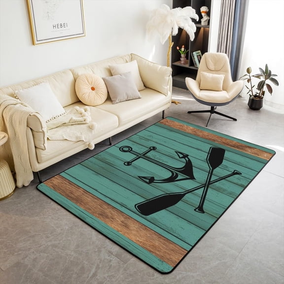 Lake Life Paddle Go Boating Theme Area Rug 3''x5'',Nautical Anchor Decor Non Shedding Rug,Green Rustic Farmhouse Wooden Board Decorative Carpet for Playroom Bedroom Dining Room