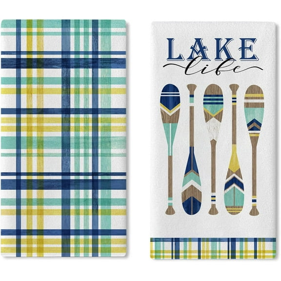 Lake Life Paddle Kitchen Dish Towels Set of 2, Lakehouse Plaid Check Drying Hand Towel Baking Cooking Cloth, Farmhouse Home Decoration 18 x 26 Inches