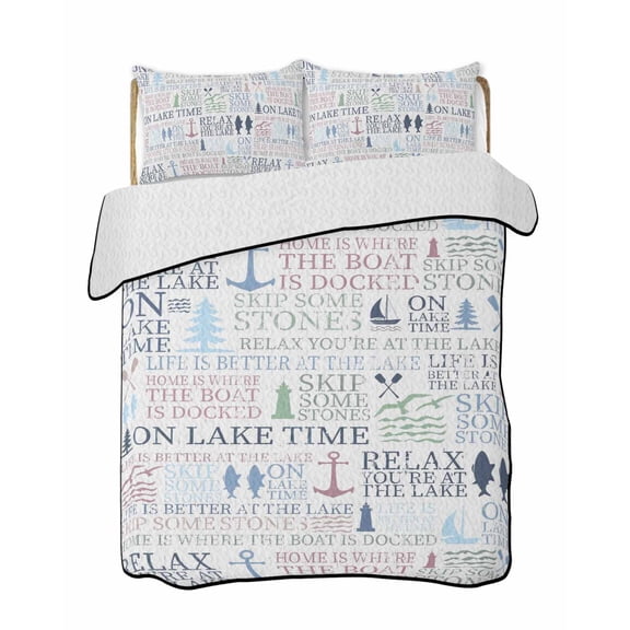 Lake Life Quilts Bedding Set Full Size Colorful Word Pine Tree Boat Paddle Lighthouse Fish Lightweight Quilted Bedspread 3 Piece Bed Quilt with 2 Pillow Shams All Season for Bedroom 68" x 98"