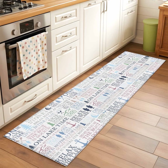 Lake Life Runner Rugs 2x6 ft Colorful Word Pine Tree Boat Paddle Lighthouse Fish Washable Hallway Rugs Non-Slip Floor Mats Absorbent Carpet Bedside Runners for Bedroom Kitchen Bathroom Laundry Room