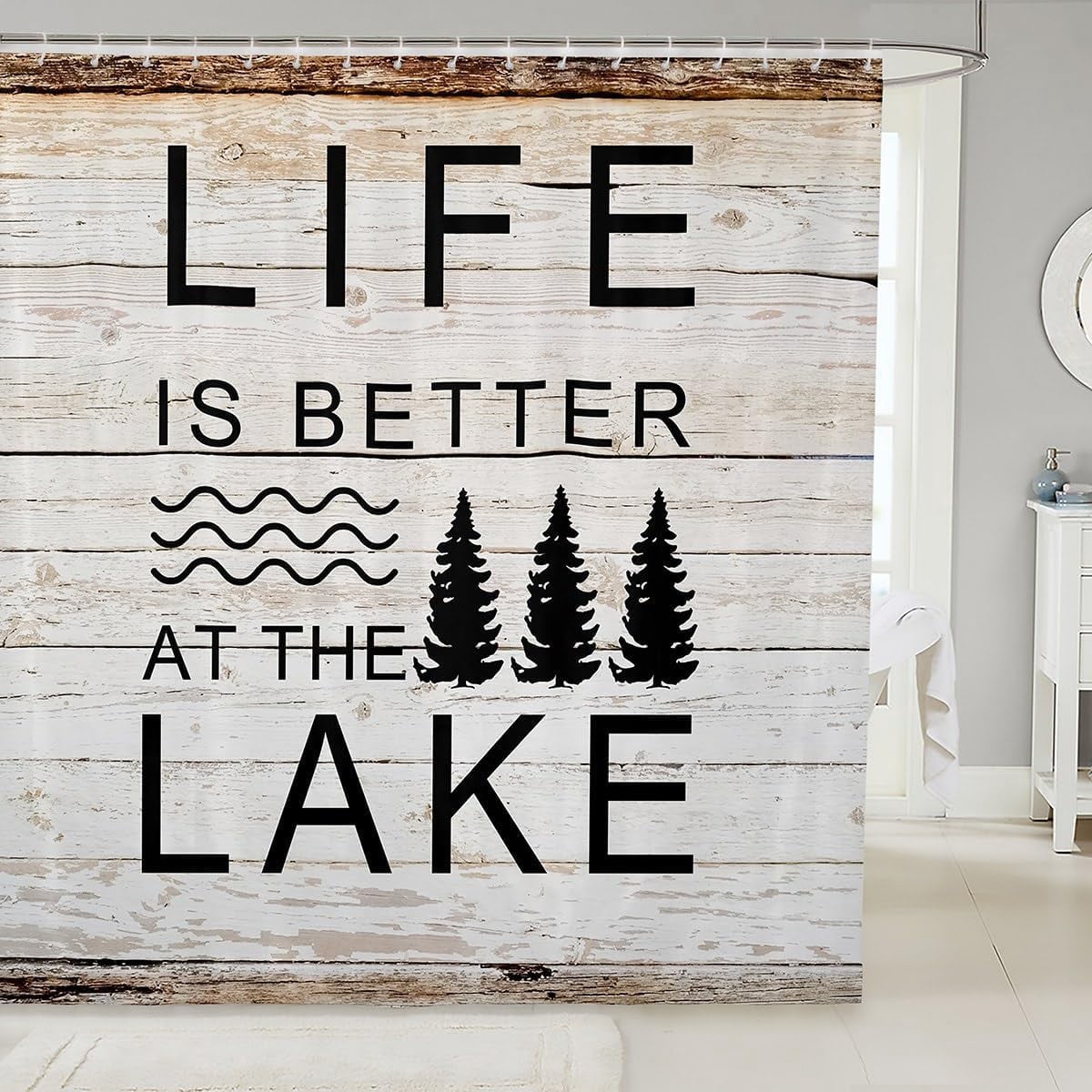 Lake Life Shower Curtain Trees Silhouette Bathroom Shower Curtain Set for Kids Adult Happy Camping Bath Curtain Brown and Black Waterproof Curtains Room Decor 72 x 72 Inch