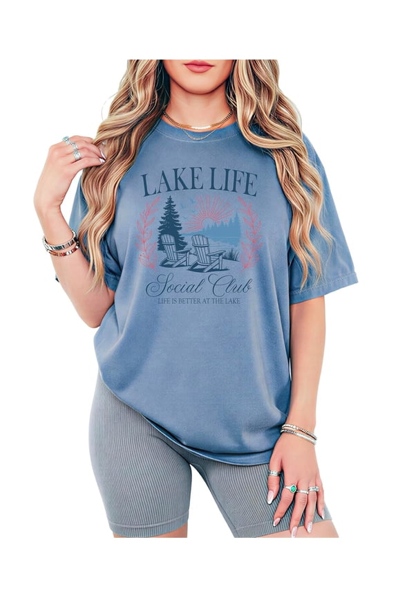 Lake Life Social Club Shirt for Women Cute Summer Lake House Camping Graphic Tee for Teen Girls Blue Jean Shirt Adult Large
