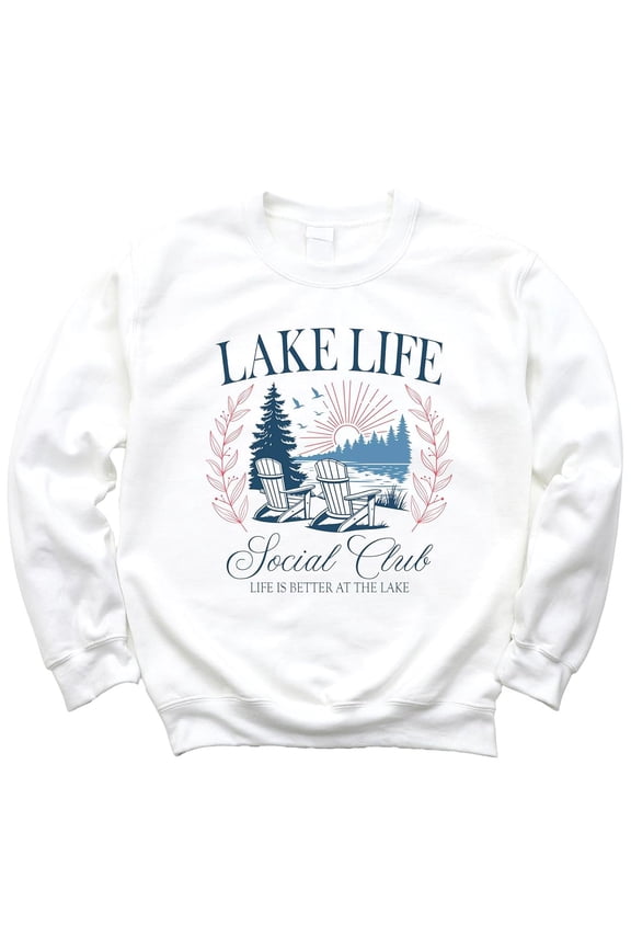 Lake Life Social Club Sweatshirt for Women & Kids Cozy Lake House Crewneck Pullover White Sweatshirt Adult Large