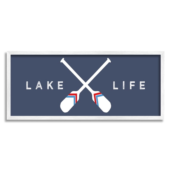 Lake Life Striped Oars Typography Graphic Art White Framed Art Print Wall Art