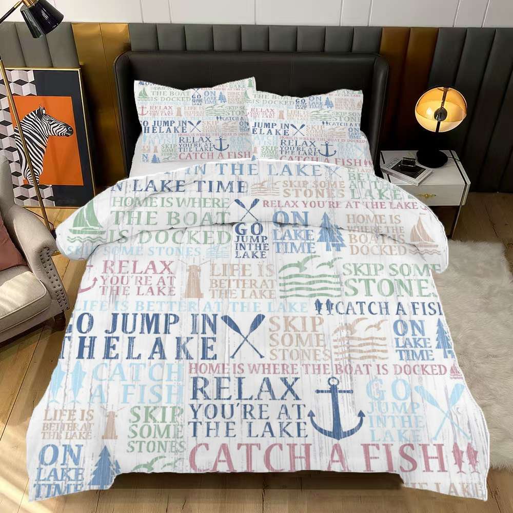 Comforter Fish Pattern Lake Life Tree Boat Paddle Lighthouse Fish Pattern Comforter Set Queen ...