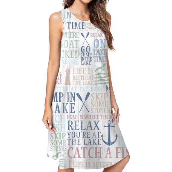 Lake Life Tree Boat Paddle Lighthouse Fish Pattern Dress Elegant Party Dresses Evening Dresses Women Dress Sleeveless Dress Ladies Dresses