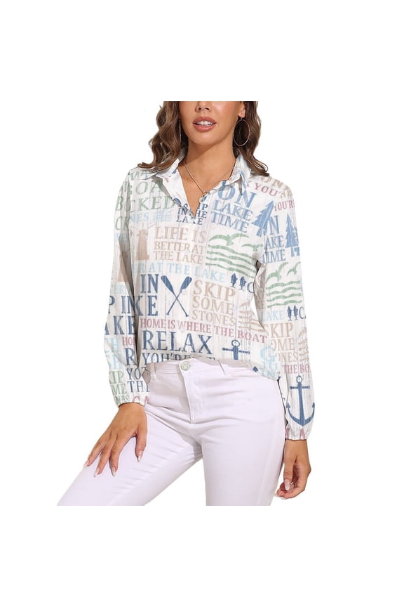 Lake Life Tree Boat Paddle Lighthouse Fish Pattern Long Sleeve Blouse Woman Streetwear Casual Shirts Summer Oversize Woman Streetwear Clothing Birthday Present