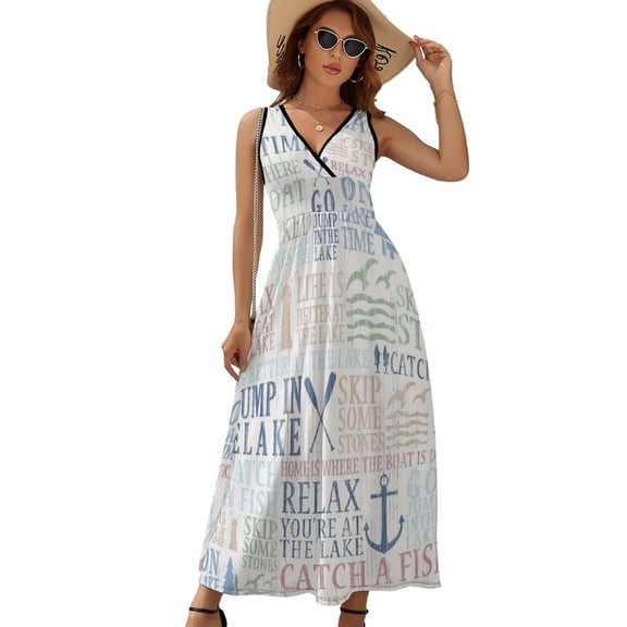 Lake Life Tree Boat Paddle Lighthouse Fish Pattern Womens Night Club Maxi Dress V Neck Sleeveless Bohemia Long Dresses