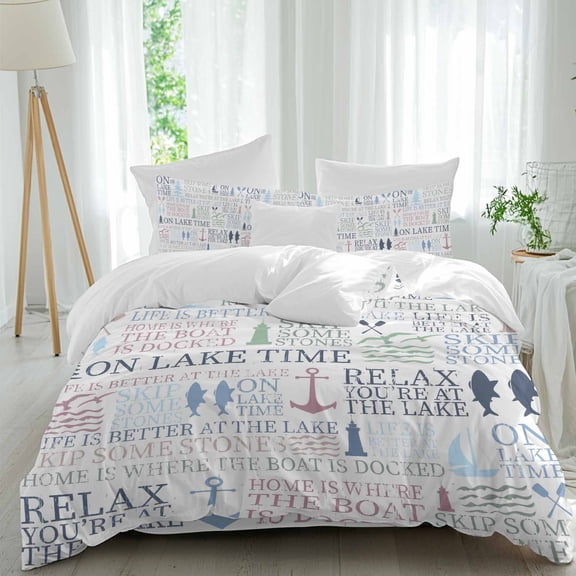 Lake Life Twin Size Comforter Set, Colorful Word Pine Tree Boat Paddle Lighthouse Fish Bedding for All Seasons, 4 Pcs Bed Set, 1 Quiltcover (68"x86") ,1Sheet(67"x116"), 2Pillowcases (30"x20")