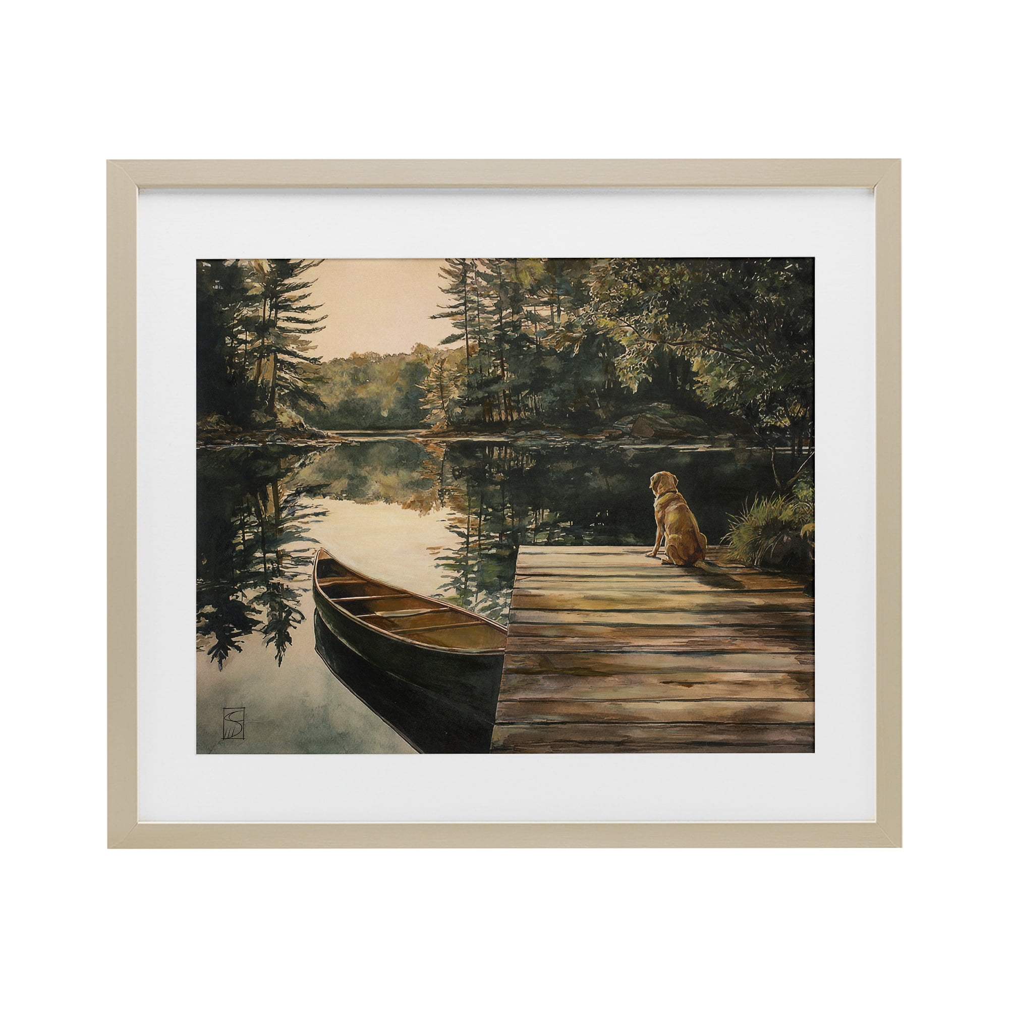 Lake Life at Sunset Birch Framed Print Under Glass, design by Sara Culpepper