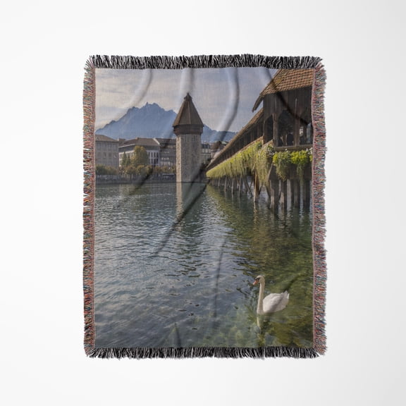 Lake Lucerne, Switzerland. Bridge And Swans In River During The Fall., Woven Blanket