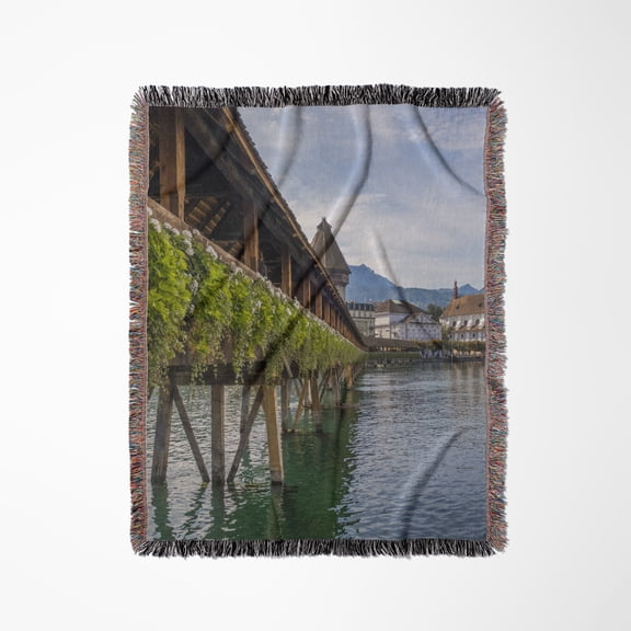 Lake Lucerne, Switzerland. Bridge And Swans In River In The Fall. , Woven Blanket
