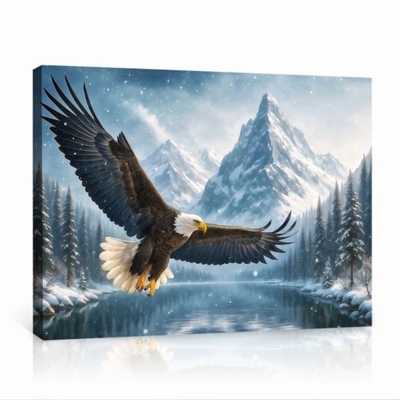 Lake Majestic Bald Eagle Winter Flight Snowy Mountains Landscape Poster , Poster Print Only