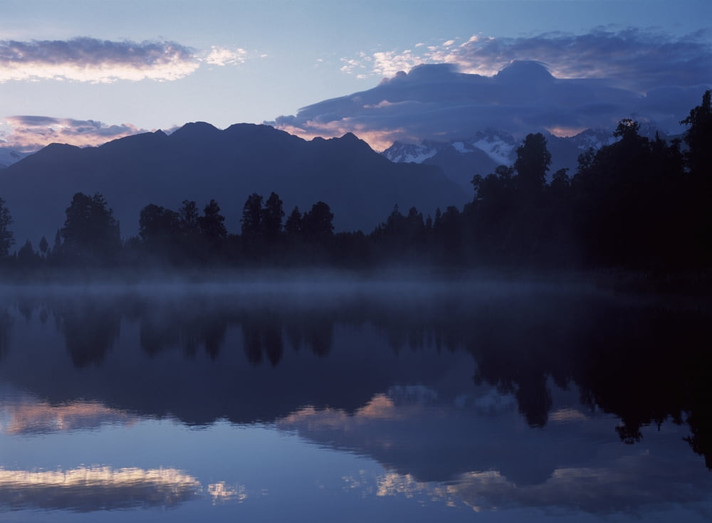 Lake Matheson At Dawn Canvas Art - Ian Cumming Design Pics (36 x 26)