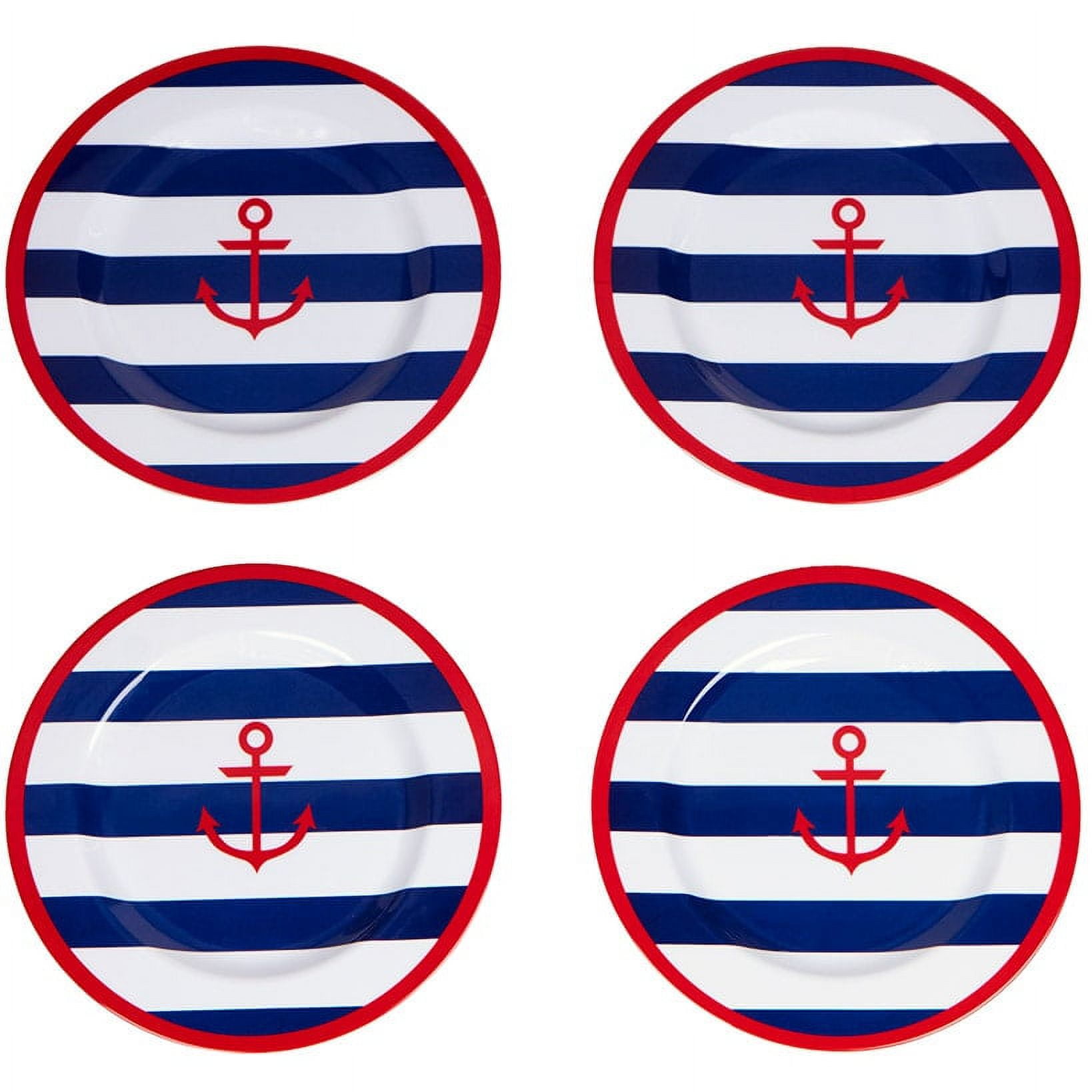 Nautical Navy and Red Melamine Dinner Plates - Set of 4
