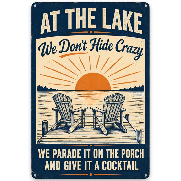 At the Lake Metal Wall Decor Sign 8x12 Inch - Vintage Style Iron Plaque with Sunset Dock Scene - Weather Resistant Home Decor for Indoor or Outdoor, Easy Hanging with Pre-drilled Holes