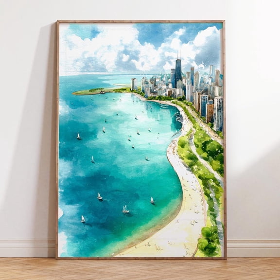 Lake Michigan Chicago Coastal Skyline Wall Art, Unframed Paper Print Size 8x12