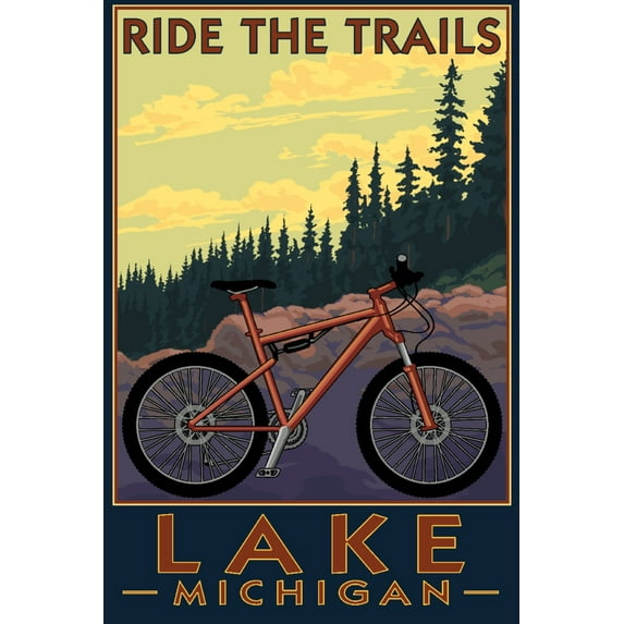 Lake Michigan, Mountain Bike Scene, Ride the Trails (12x18 Wall Art Poster, Room Decor)