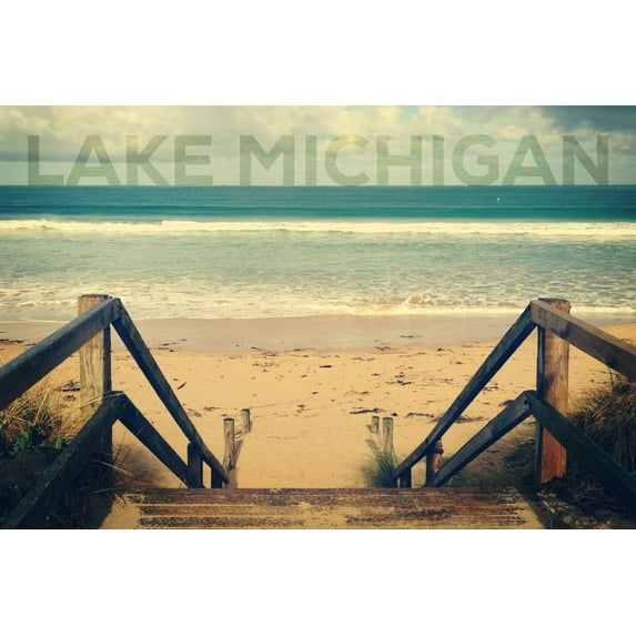 Lake Michigan, Sandy Stairs and Beach (9x12 Wall Art Print, Home Decor)