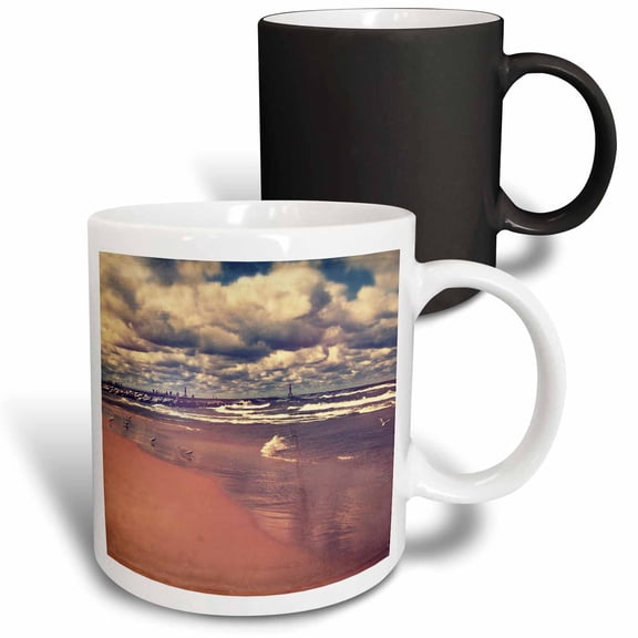 3drose, Lake Michigan Summer - Stylized Photograph of a Sandy Beach with Crashing Waves, 11oz Magic Transforming Mug