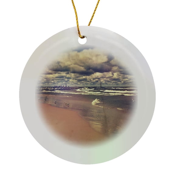 3drose, Lake Michigan Summer - Stylized Photograph of a Sandy Beach with Crashing Waves, Circle Porcelain Ornament