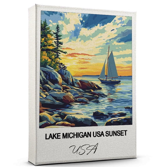Lake Michigan USA Sunset Travel Scenic Canvas Wall Art -USA Canvas Nature-Inspired Print for Bedroom, Living Room, or Office Travel Gift