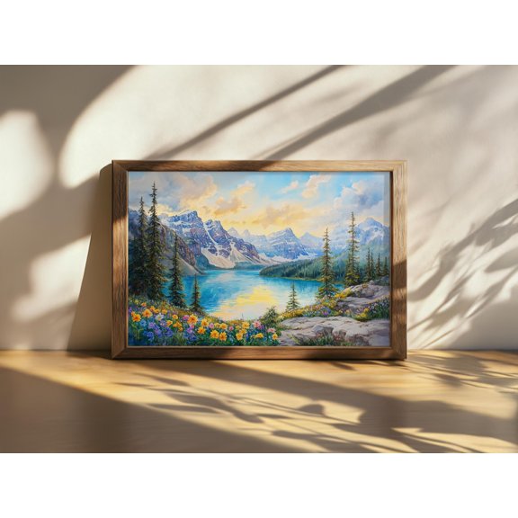 Lake Moraine Banff National Park Canada Spring Wildflower Mountain Forest Sunrise Nature Poster , Poster Print Only