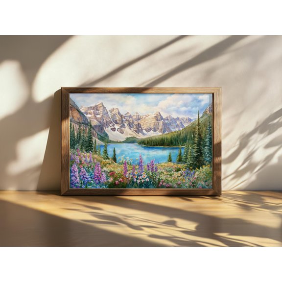 Lake Moraine Banff National Park Canada Spring Wildflowers Snow Mountain Forest Nature Poster , Poster Print Only