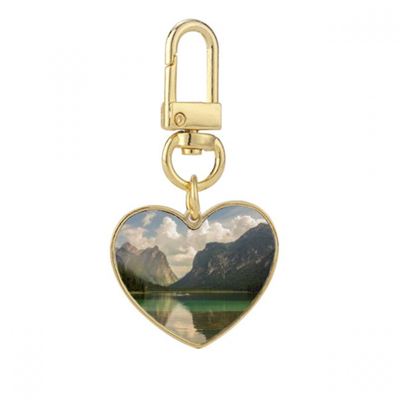 Lake Mountain Science Nature Scenery Gold Heart Keychain Metal Keyring Holder