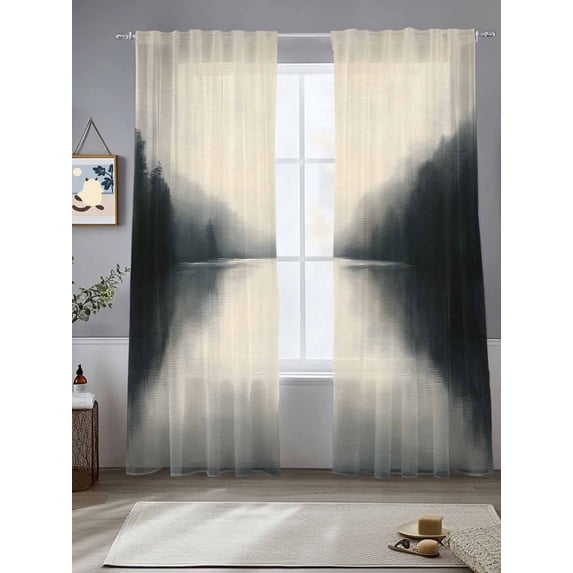 Lake Mountain Sheer Curtains 84 Inches Long 2 Panels Scenery Fog Forest Light Filtering Semi Sheer Window Curtains Drapes for Bedroom Living Room 52"x84"