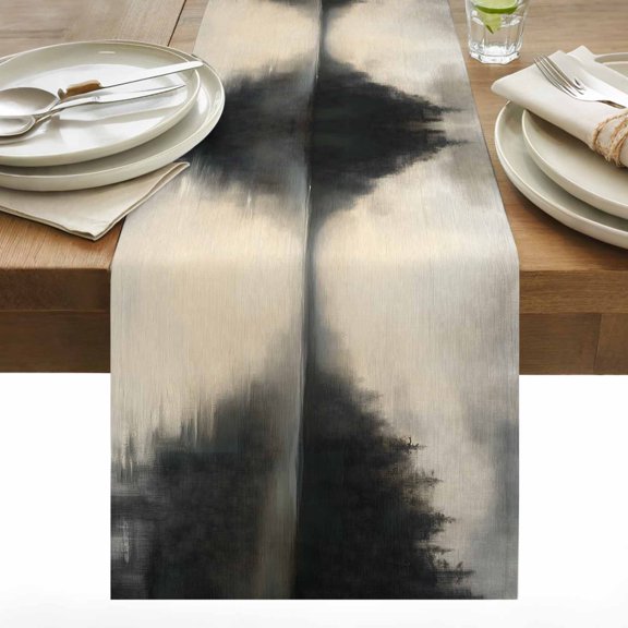 Lake Mountain Table Runner 13x48 inch Landscape Fog Forest Cotton Linen Dining Table Runner Ideal for Dresser Kitchen Coffee Tables - Machine Washable