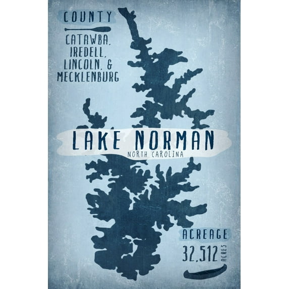 Lake Norman, North Carolina, Lake Essentials, Shape, Acreage and County (24x36 Giclee Gallery Art Print, Vivid Textured Wall Decor)