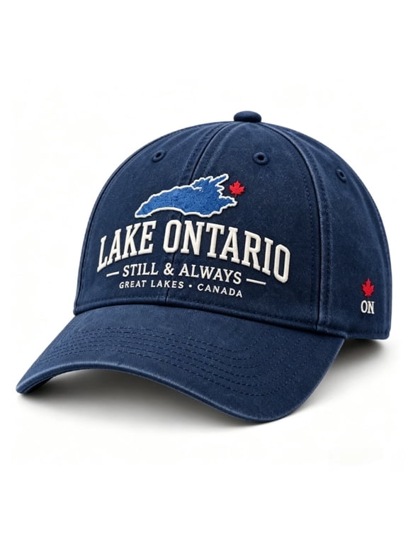 Lake Ontario Map & Maple Leaf Embroidered Outdoor Sun Hat – Vintage-Wash Baseball Cap Unisex Adjustable Cotton Casual Hat