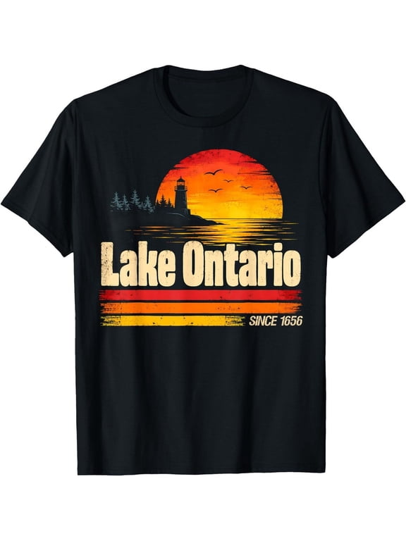 Lake Ontario Since 1656 Vintage T-Shirt, Retro Sunset Lighthouse Graphic Tee, Men Women Casual Short Sleeve Top