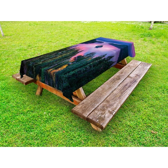 Lake Outdoor Tablecloth, High Angle Majestic View of North American Freshwater Lake Outdoor Mother Earth Image, Decorative Washable Fabric Picnic Tablecloth, 58 X 120 Inches, Green Pink, by Ambesonne