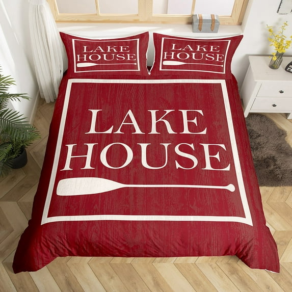 Lake Paddle Bedding Set Lake Decor Comforter Cover for Adults Women,Farm Style Country Duvet Cover King Lake House Decor for The Home,Lake Life Decor Lake House Gifts,Red White RV Camper Decor