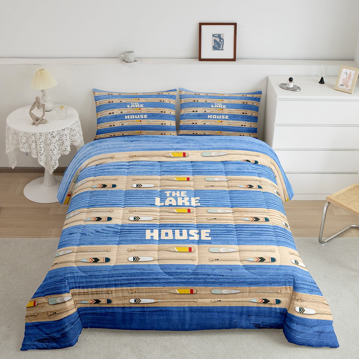 Lake Paddle Decor Comforter Set, Rustic Farmhouse Old Barn Bedding Full