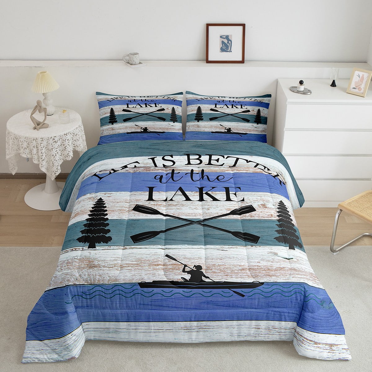 Lake Paddle Decor Comforter Set Twin Size, Lake House Bedding Set For Kids Boys Teens Adult