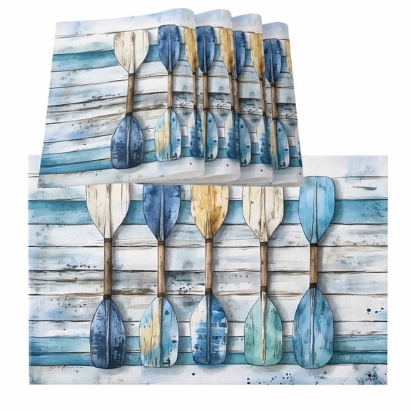 Lake Paddle Striped Placemats for Dinning Table Set of 4, Watercolor Vintage Wood Grain Burlap Kitchen Place Mats Waterproof Cloth Table Mats, Indoor Outdoor Placemats Easy Clean Dinner Decor
