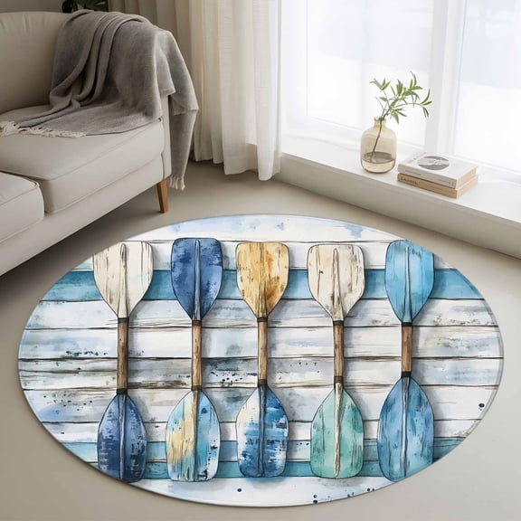 Lake Paddle Striped Round Area Rug 4ft, Watercolor Vintage Wood Grain Washable Non-Slip Circle Rugs for Bedroom Living Room Kitchen, Soft Non Shedding Circle Carpet for Dining Room Dorm