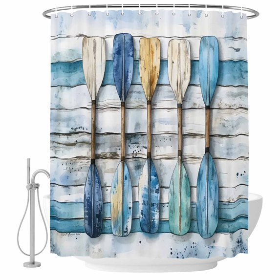 Lake Paddle Striped Shower Curtain Set - 48" x 72" Washable Bathtub Curtain with 12 Hooks, Watercolor Vintage Wood Grain Waterproof Fabric Stall Shower Curtains for Bathroom/Bathtub Décor