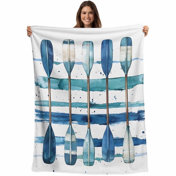 Lake Paddles Blanket Soft Cozy Warm Throw Blanket for Couch, Plush Fuzzy Flannel Fleece Blankets for Sofa, Summer Watercolor Teal Blue Striped Bed Blankets Lightweight Gifts for Women, 30"x40"