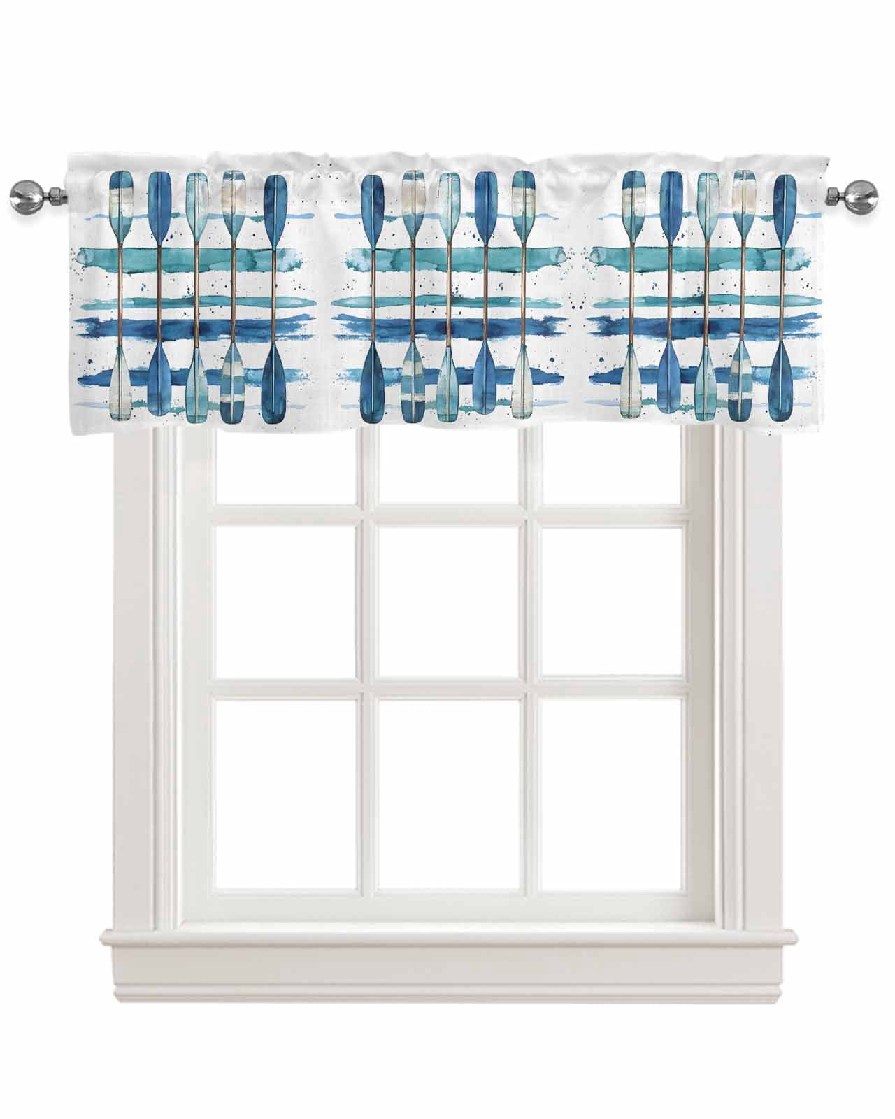 Lake Paddles Kitchen Valances for Windows Farmhouse Linen Window Valance Curtain for Living Room Window Treatment Summer Watercolor Teal Blue Striped Valance Rod Pocket Topper Drape, 54 x 18 Inch