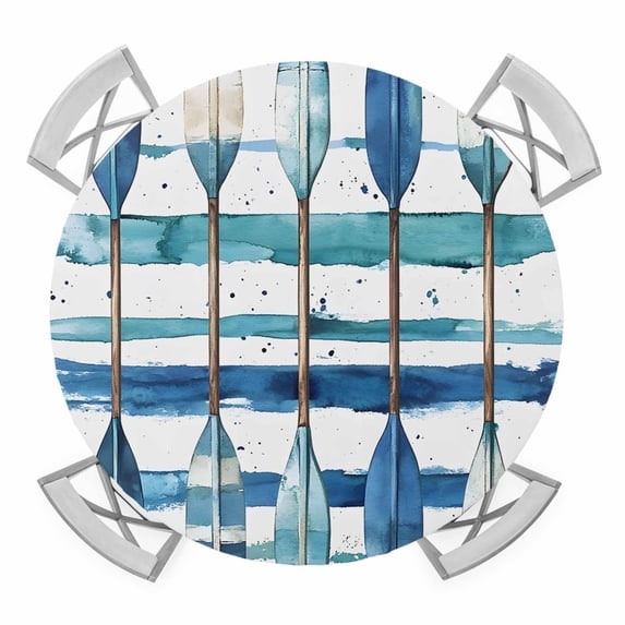 Lake Paddles Round Tablecloth for 36-44 Inch Tables, Fitted Table Cover with Elastic Edge, Summer Watercolor Teal Blue Striped Waterproof Outdoor Table Cloth Protector for Patio Garden Dinner Picnic