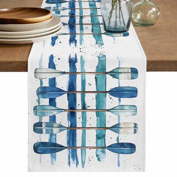 Lake Paddles Table Runner, Summer Watercolor Teal Blue Striped Washable Cotton Linen Table Runners 90 Inches Long, Dresser Scarf Runner for Dining/Coffee/Kitchen/Hallway Tables 13''x90''