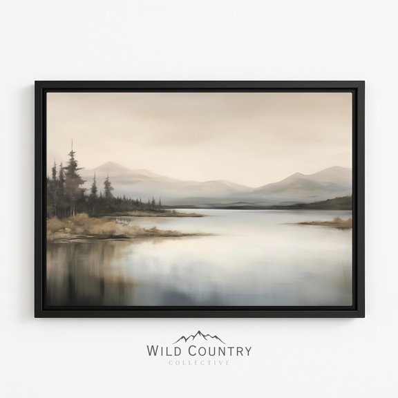 Lake Painting Muted Mountain Vintage Forest Calm Pine Tree Rustic Poster